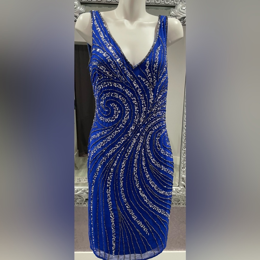 Adrianna Papell Royal Blue Swirl Sequin Beaded Cocktail Dress